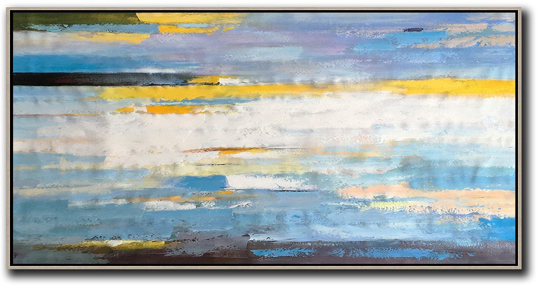 Hand-Painted Contemporary Art,Horizontal Palette Knife Contemporary Art,Abstract Art Decor,Contemporary Painting,White,Yellow,Blue,Black.etc